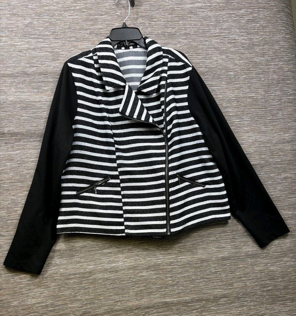 Maurices Jacket Womens 3X Black White Striped Knit Moto Biker Zip Pockets
